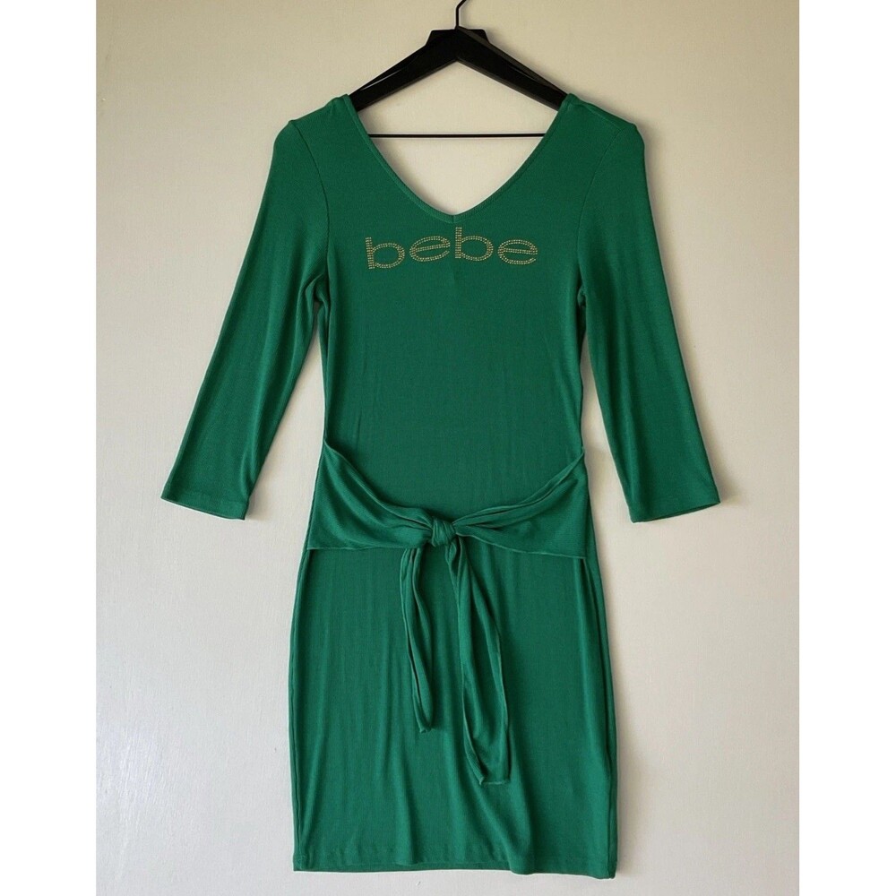 NWT bebe Knit Medium Mini Dress Kelly Green Ribbed Tie Waist Sexy